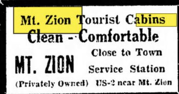 Mt. Zion Cabins - Sep 1934 Ad (newer photo)